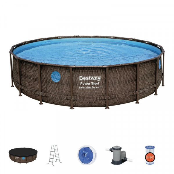 Каркасный бассейн Bestway Power Steel 549x122см "Ротанг" 23062л, фил.-нас. 5678л/ч, лестн., тент, попл.-доз.