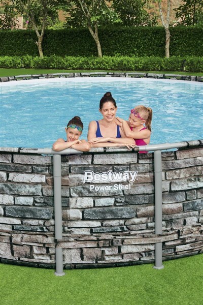 Каркасный бассейн Bestway Power Steel 671x132см "Камень" 40377л, фил.-нас. 9463л/ч, лестн., тент, попл.-доз (56889 BW)