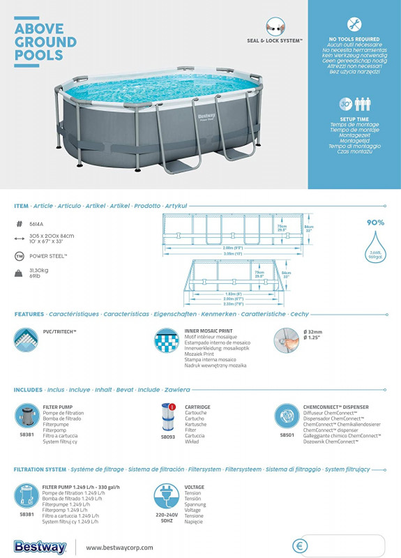 Каркасный бассейн Bestway Power Steel 305х200х84см, 3668л, фил.-насос 1249л/ч, попл.-дозатор (5614A BW)